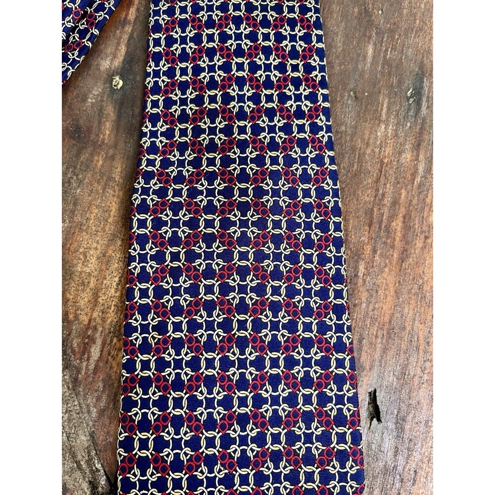 Guccini Mens Silk Italian Neck Tie Red Navy Tan Geometric Pattern Corp Preppy